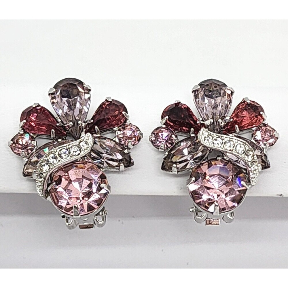 Vintage Eisenberg Clear Pink Maroon Rhinestone Clip Earrings Crystal Silver Tone